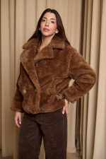 Γούνα με τσέπες και διακοσμητικά ζωνάρια καφέ - Image 5