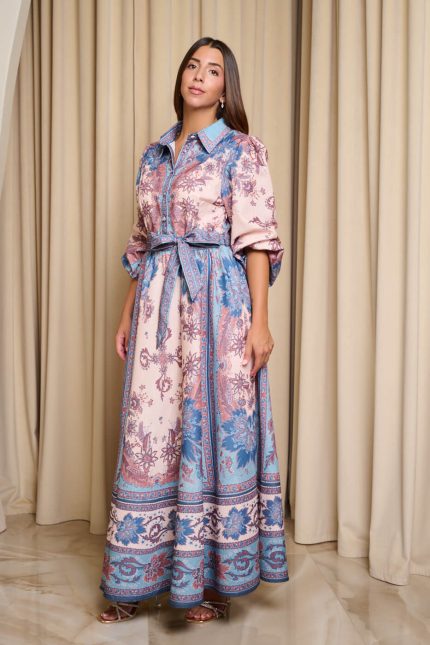 Φόρεμα midi λαχούρ με γιακά μπεζ