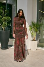 Φόρεμα maxi floral print με σούρες και mock neck σκούρο καφέ