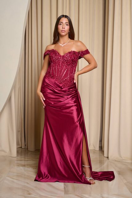 Φόρεμα maxi off shoulder με κορσέ βουργουνδί