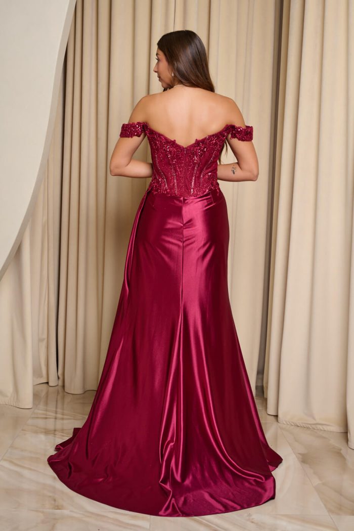 Φόρεμα maxi off shoulder με κορσέ βουργουνδί