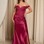 Φόρεμα maxi off shoulder με κορσέ βουργουνδί