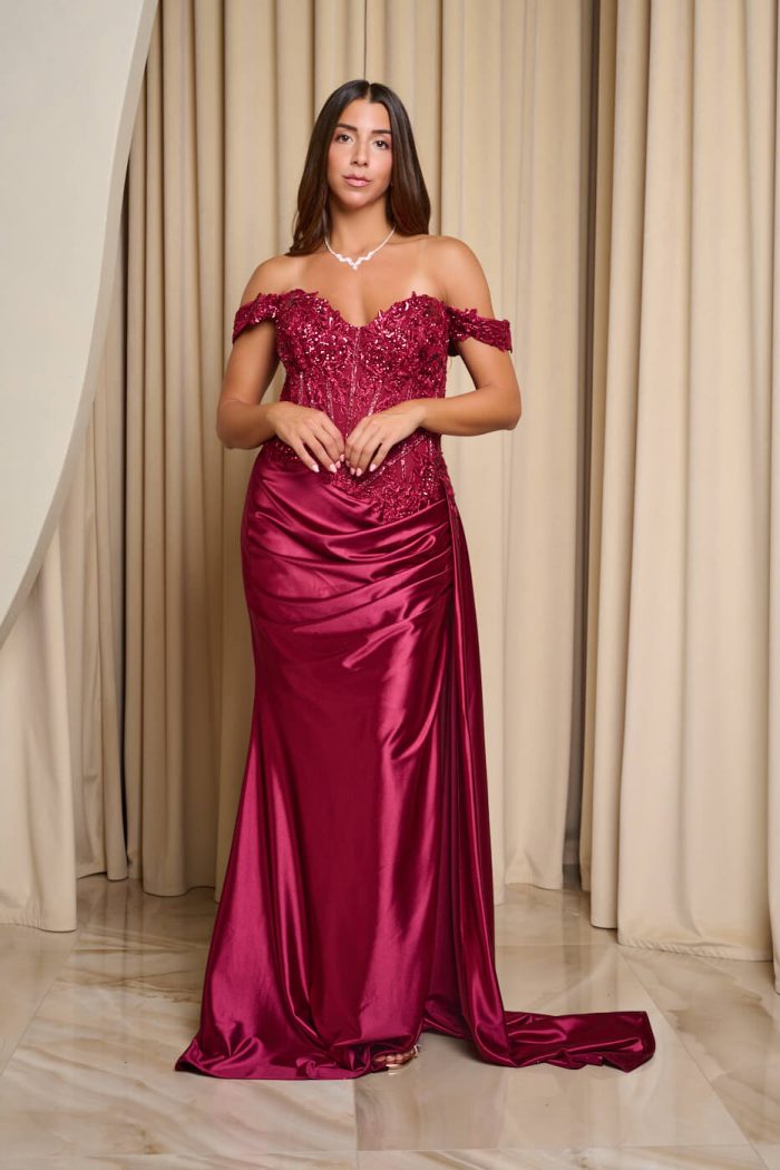 Φόρεμα maxi off shoulder με κορσέ βουργουνδί