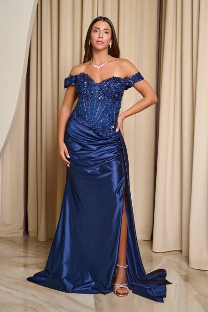 Φόρεμα maxi off shoulder με κορσέ midnight blue