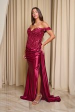 Φόρεμα maxi off shoulder με κορσέ βουργουνδί