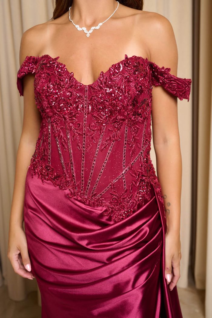 Φόρεμα maxi off shoulder με κορσέ βουργουνδί