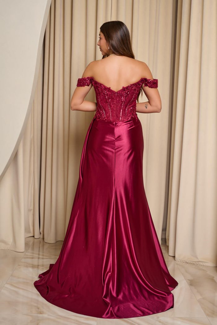 Φόρεμα maxi off shoulder με κορσέ βουργουνδί