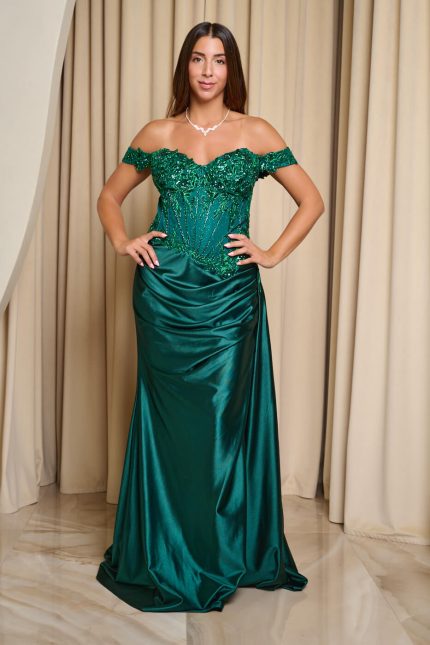 Φόρεμα maxi off shoulder με κορσέ κυπαρισσί