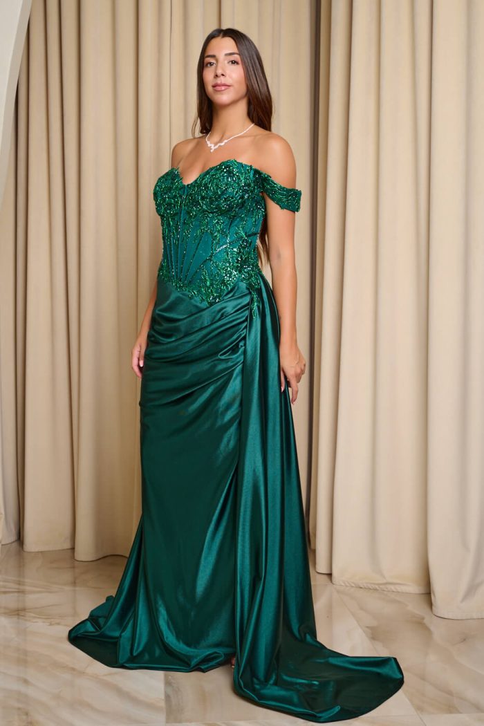 Φόρεμα maxi off shoulder με κορσέ κυπαρισσί