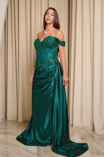 Φόρεμα maxi off shoulder με κορσέ κυπαρισσί - Image 5