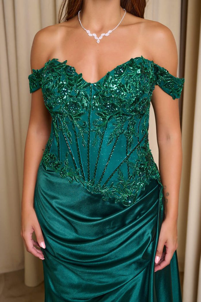 Φόρεμα maxi off shoulder με κορσέ κυπαρισσί