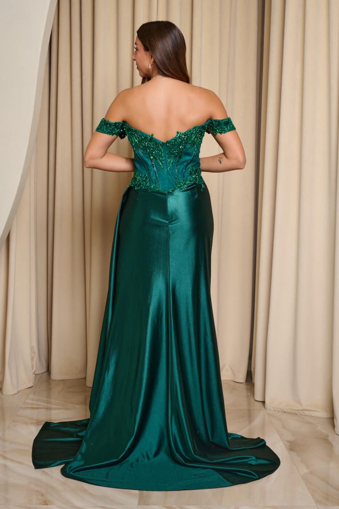 Φόρεμα maxi off shoulder με κορσέ κυπαρισσί