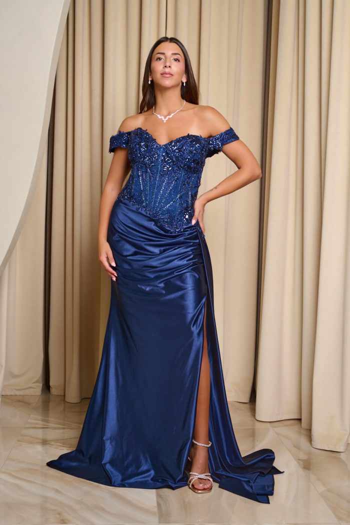 Φόρεμα maxi off shoulder με κορσέ midnight blue