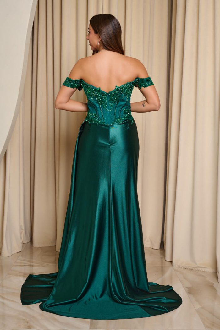 Φόρεμα maxi off shoulder με κορσέ κυπαρισσί