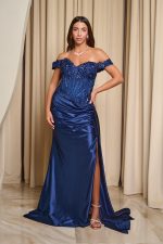 Φόρεμα maxi off shoulder με κορσέ midnight blue