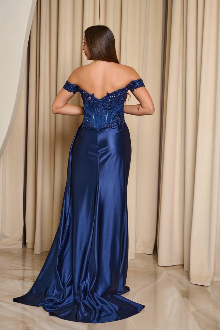 Φόρεμα maxi off shoulder με κορσέ midnight blue