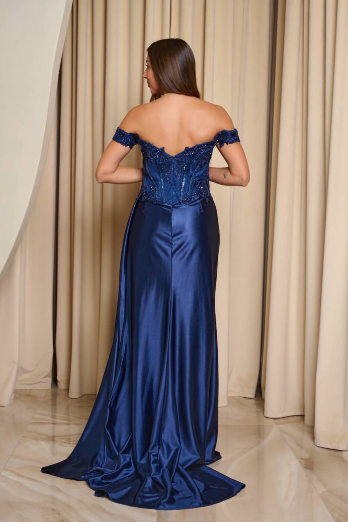 Φόρεμα maxi off shoulder με κορσέ midnight blue