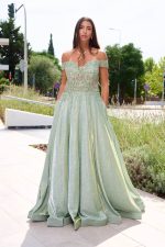 Φόρεμα maxi lurex με κεντημένα floral σχέδια μέντα