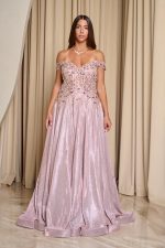 Φόρεμα maxi lurex με κεντημένα floral σχέδια ροζ