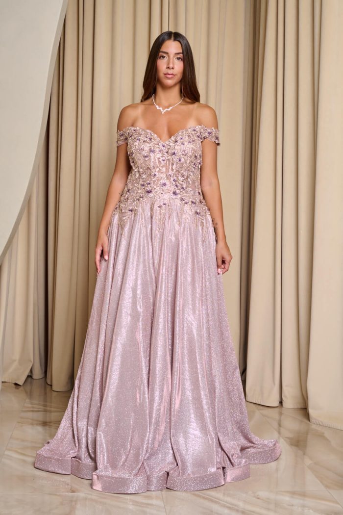 Φόρεμα maxi lurex με κεντημένα floral σχέδια ροζ