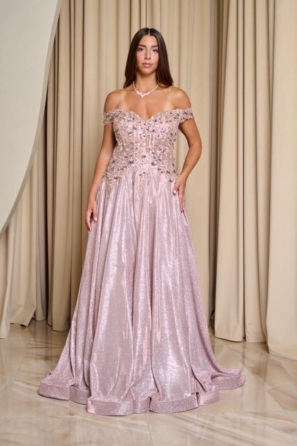 Φόρεμα maxi lurex με κεντημένα floral σχέδια ροζ