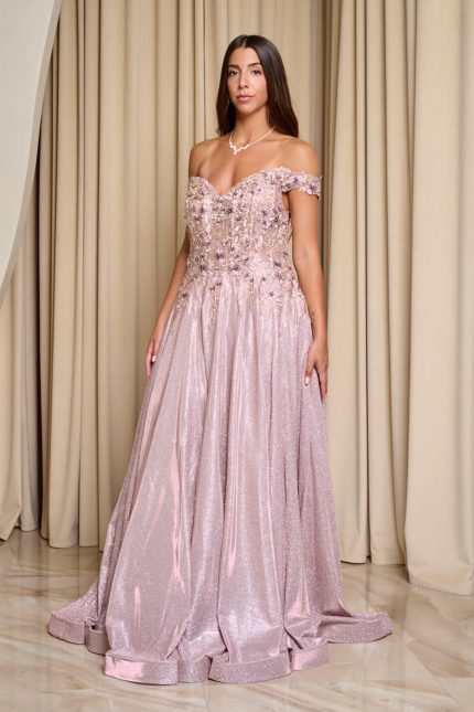 Φόρεμα maxi lurex με κεντημένα floral σχέδια ροζ