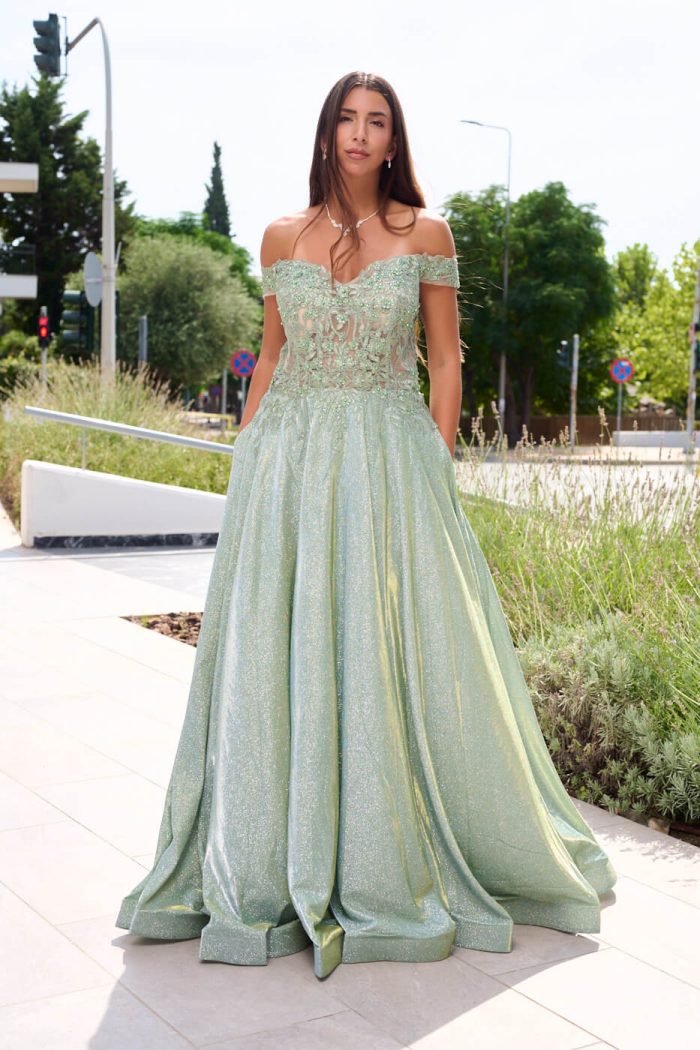 Φόρεμα maxi lurex με κεντημένα floral σχέδια μέντα