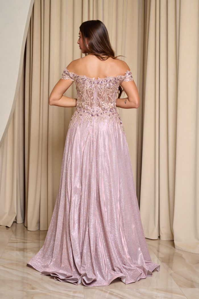 Φόρεμα maxi lurex με κεντημένα floral σχέδια ροζ