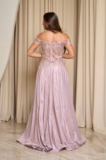 Φόρεμα maxi lurex με κεντημένα floral σχέδια ροζ
