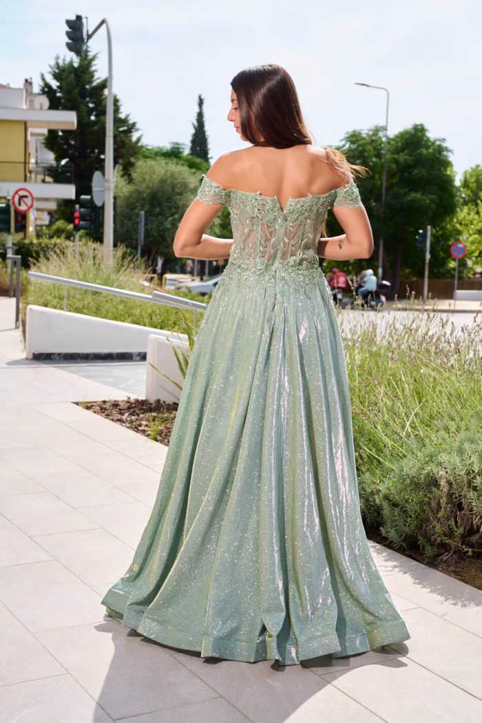 Φόρεμα maxi lurex με κεντημένα floral σχέδια μέντα