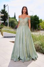 Φόρεμα maxi lurex με κεντημένα floral σχέδια μέντα