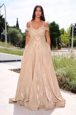 Φόρεμα maxi lurex με κεντημένα floral σχέδια χρυσό