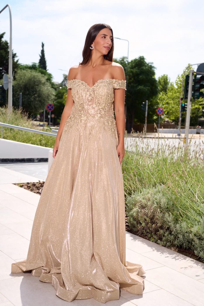 Φόρεμα maxi lurex με κεντημένα floral σχέδια χρυσό