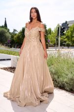 Φόρεμα maxi lurex με κεντημένα floral σχέδια χρυσό