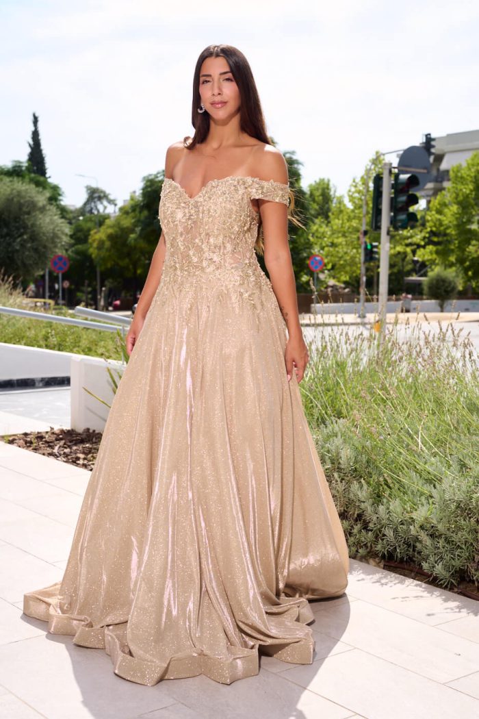 Φόρεμα maxi lurex με κεντημένα floral σχέδια χρυσό