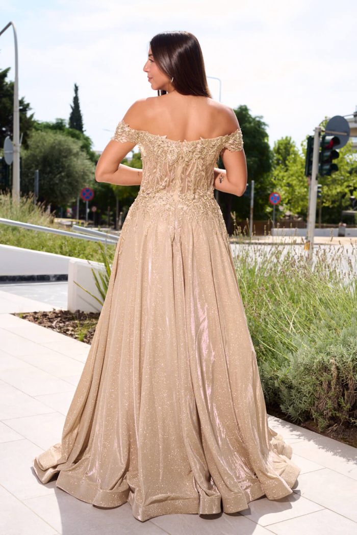 Φόρεμα maxi lurex με κεντημένα floral σχέδια χρυσό