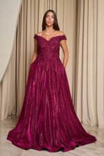 Φόρεμα maxi lurex με κεντημένα floral σχέδια βουργουνδί