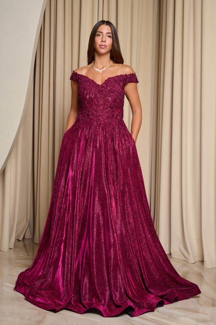 Φόρεμα maxi lurex με κεντημένα floral σχέδια βουργουνδί