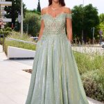 Φόρεμα maxi lurex με κεντημένα floral σχέδια μέντα