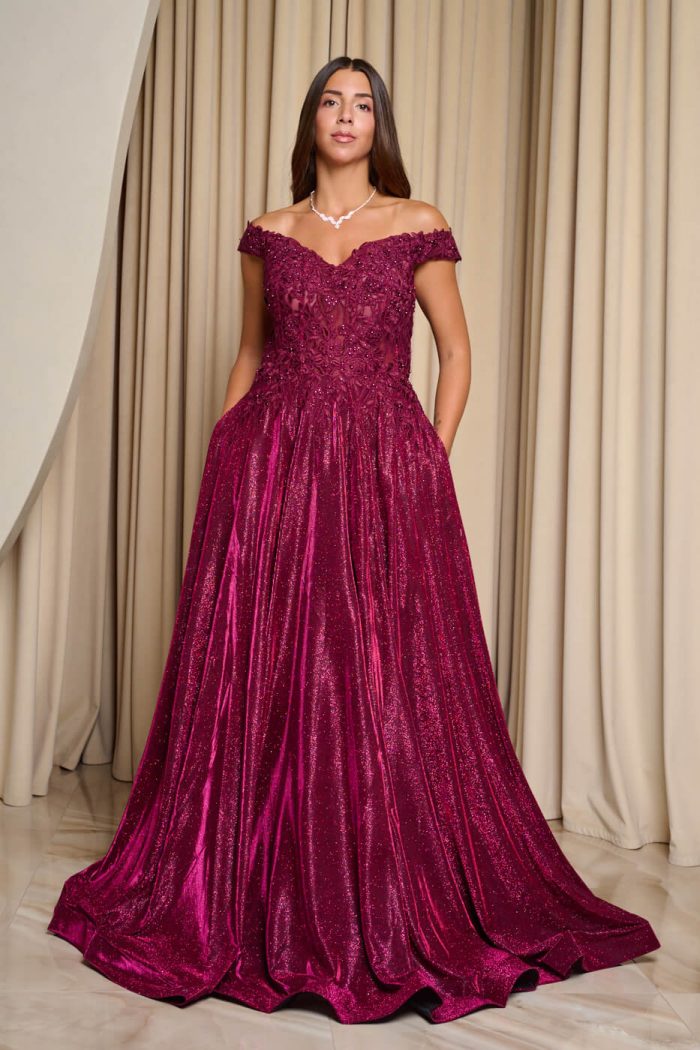 Φόρεμα maxi lurex με κεντημένα floral σχέδια βουργουνδί