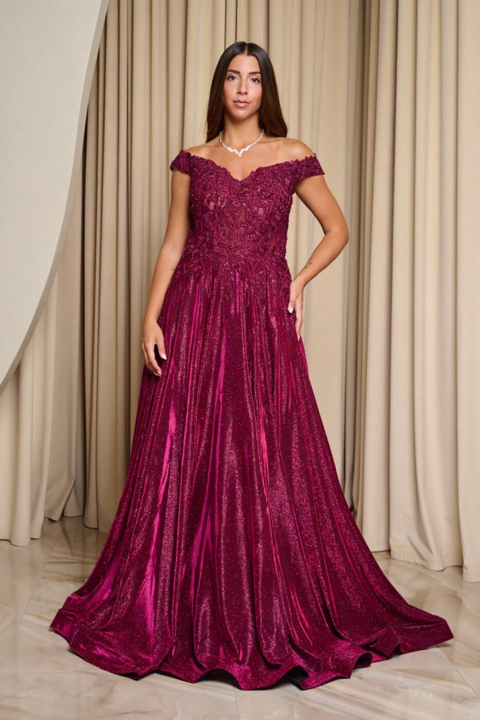 Φόρεμα maxi lurex με κεντημένα floral σχέδια βουργουνδί