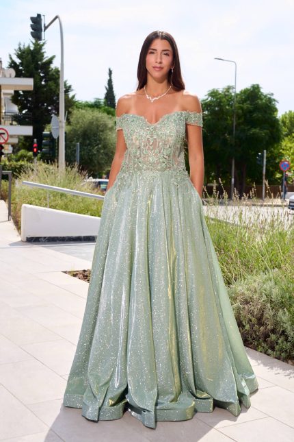 Φόρεμα maxi lurex με κεντημένα floral σχέδια μέντα