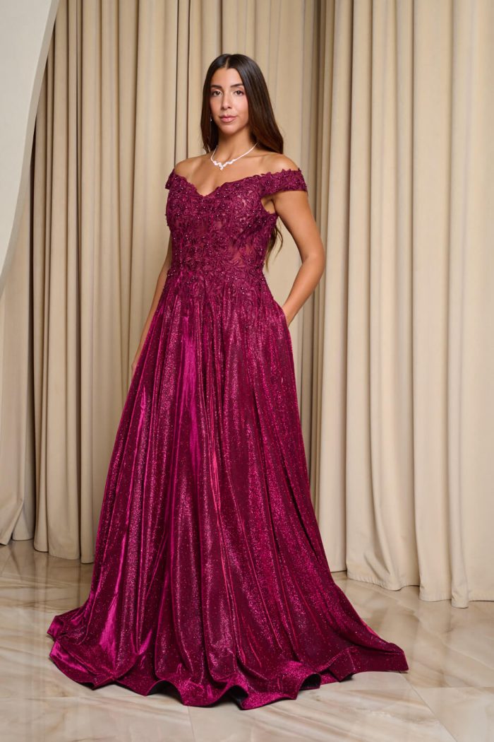 Φόρεμα maxi lurex με κεντημένα floral σχέδια βουργουνδί