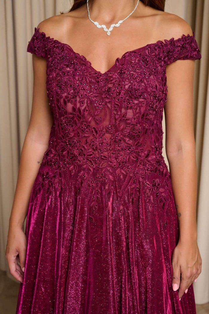 Φόρεμα maxi lurex με κεντημένα floral σχέδια βουργουνδί