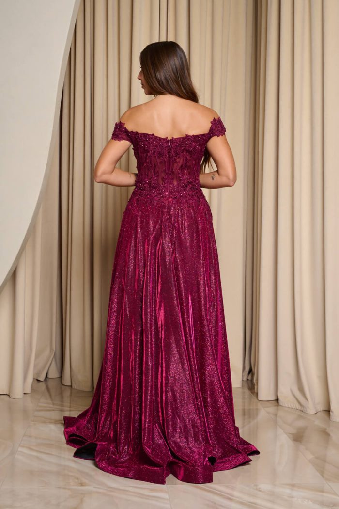 Φόρεμα maxi lurex με κεντημένα floral σχέδια βουργουνδί