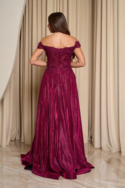 Φόρεμα maxi lurex με κεντημένα floral σχέδια βουργουνδί