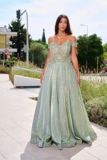 Φόρεμα maxi lurex με κεντημένα floral σχέδια μέντα