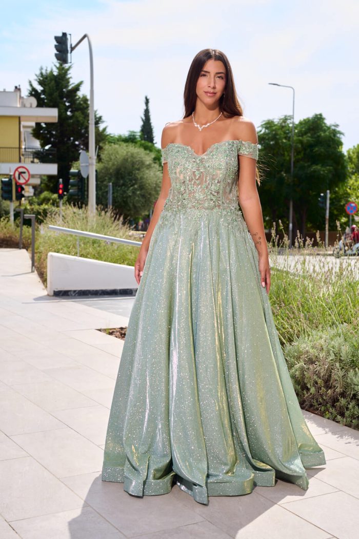Φόρεμα maxi lurex με κεντημένα floral σχέδια μέντα