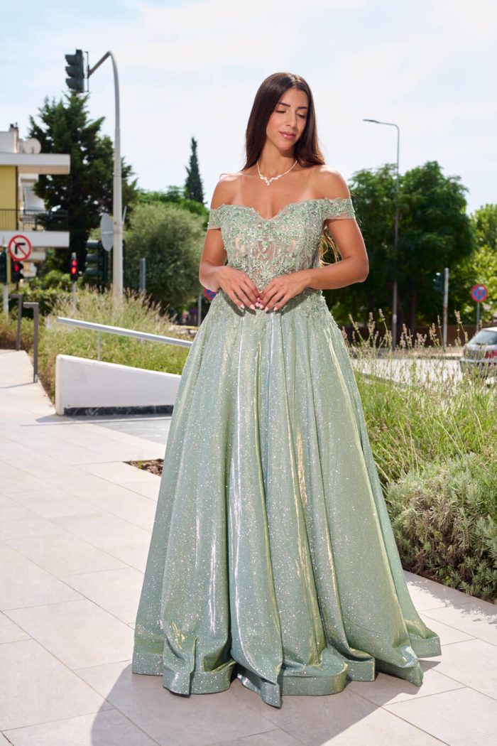 Φόρεμα maxi lurex με κεντημένα floral σχέδια μέντα