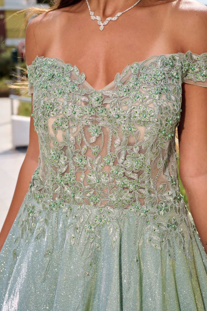 Φόρεμα maxi lurex με κεντημένα floral σχέδια μέντα